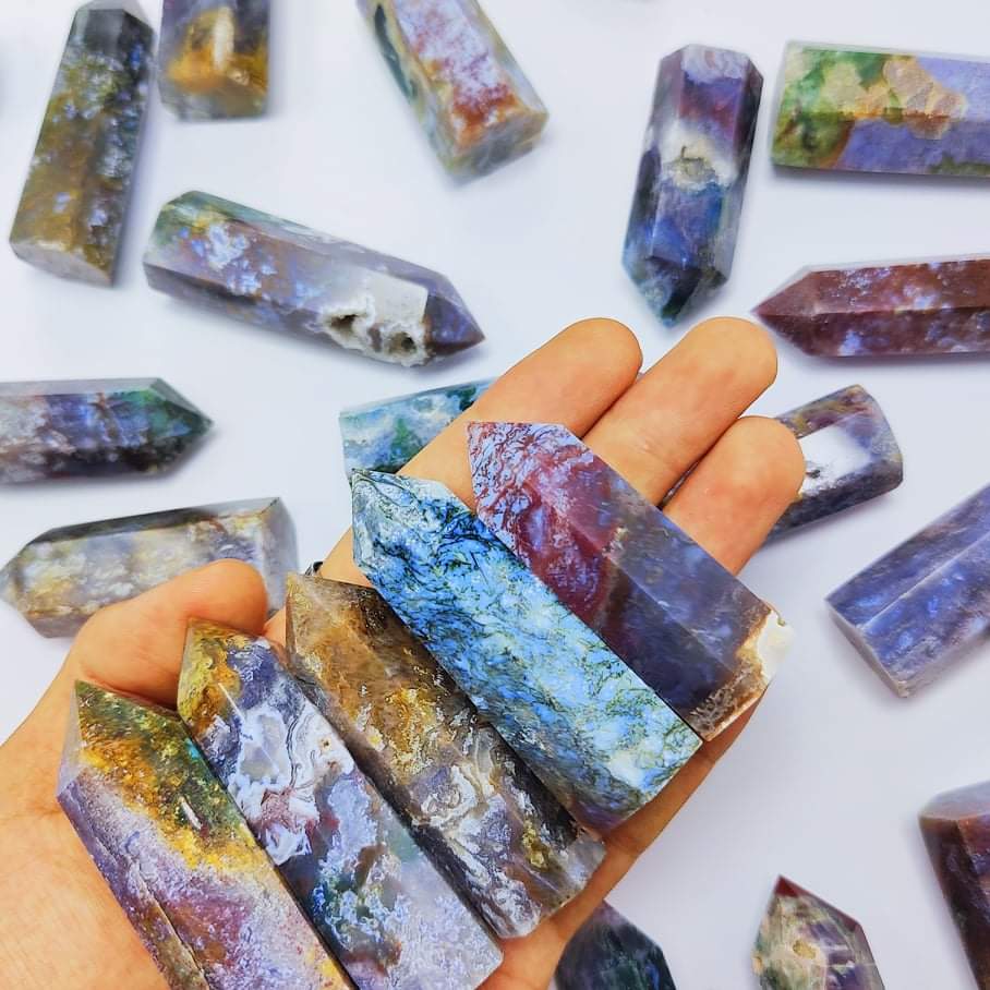 New Hot sale Natural Crystal Crafts healing stones colourful pink moss agate point for Home Decoration