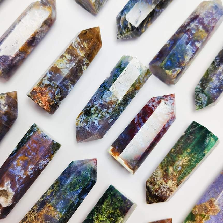 New Hot sale Natural Crystal Crafts healing stones colourful pink moss agate point for Home Decoration